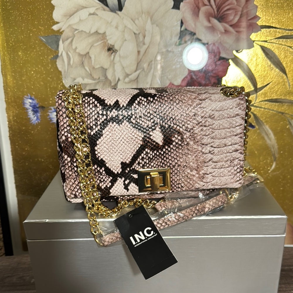 INC International Concepts Pink Snake Print Chain Bag NWT